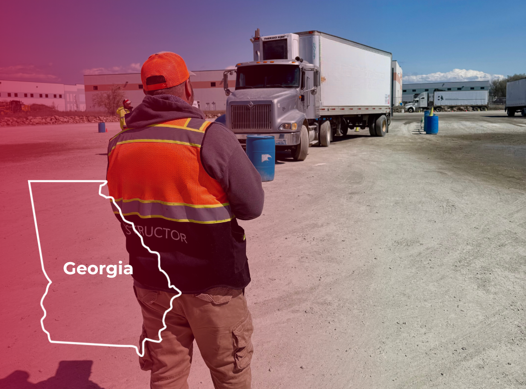 A CDL instructor in a reflective vest stands in an outdoor training lot with a semi-truck; an outline of Georgia is overlaid.