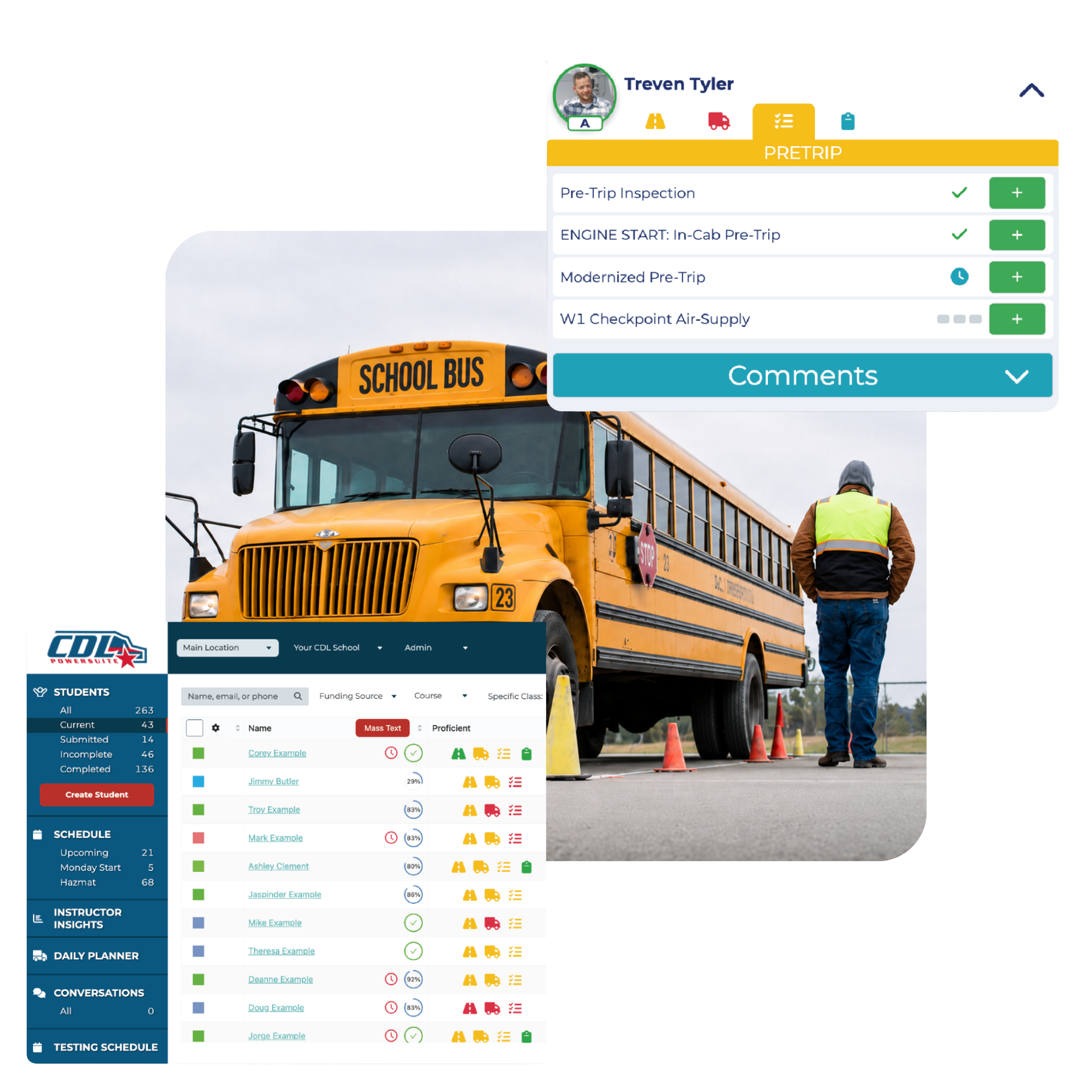 School bus CDL training with yellow bus and checklist icons on screen that represent CDL PowerSuite