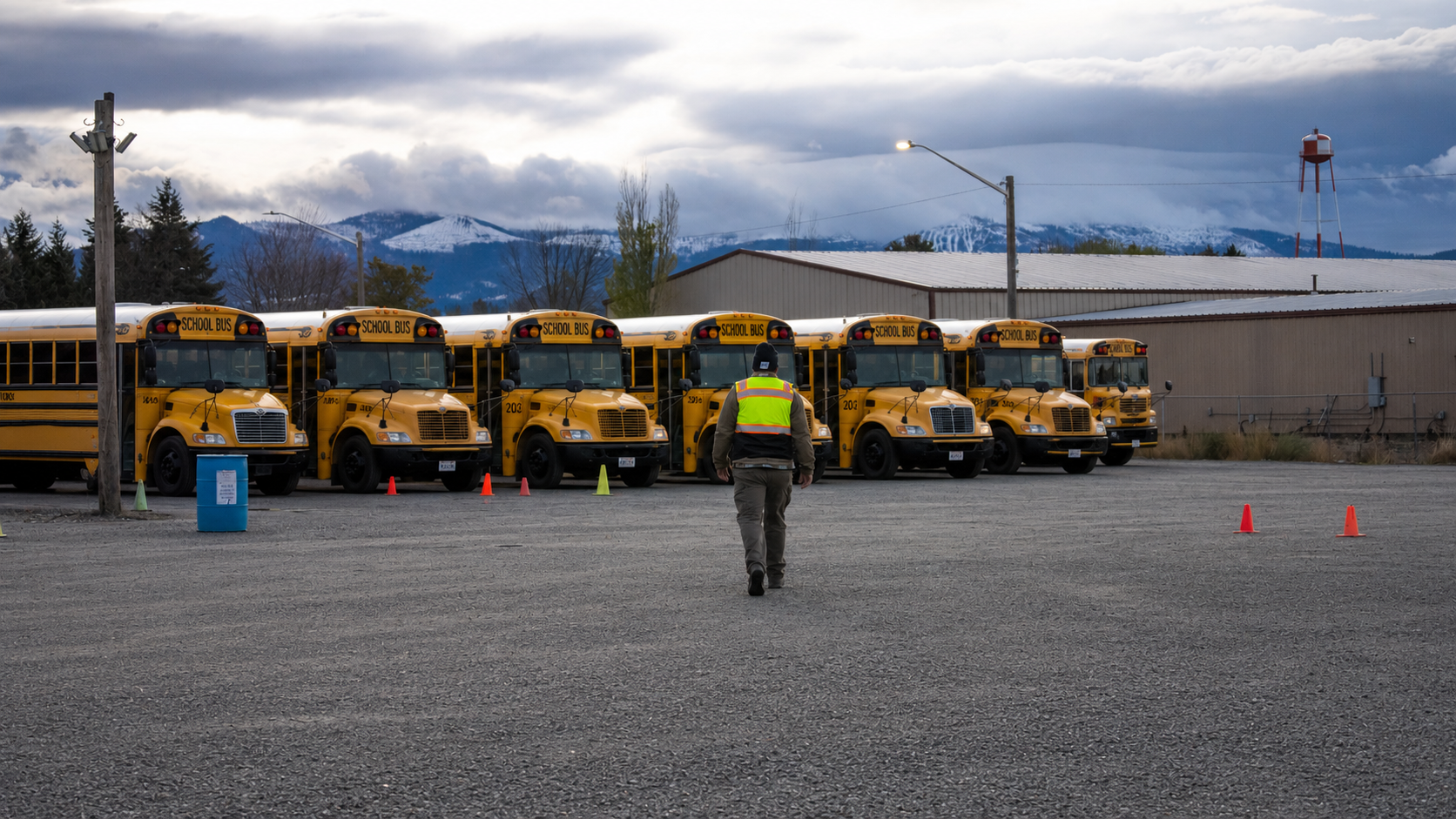Drive 509 Yellow school buses lined up in a lot with a person in a safety vest standing in front of them