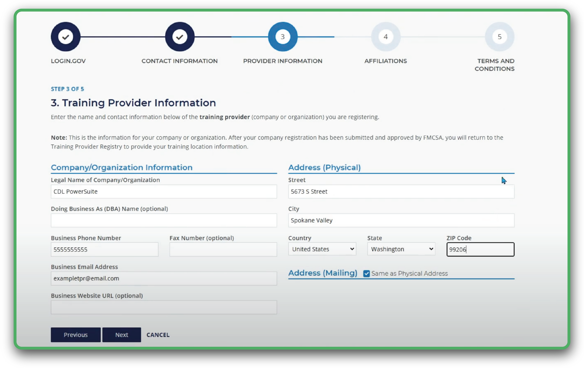 A screenshot of a training provider information the FMCSA website