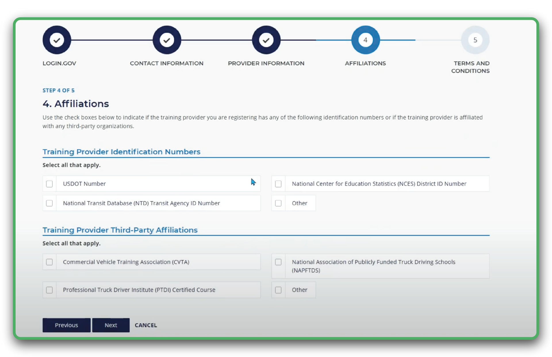 A screenshot of the FMCSA TPR Affiliations contact information.