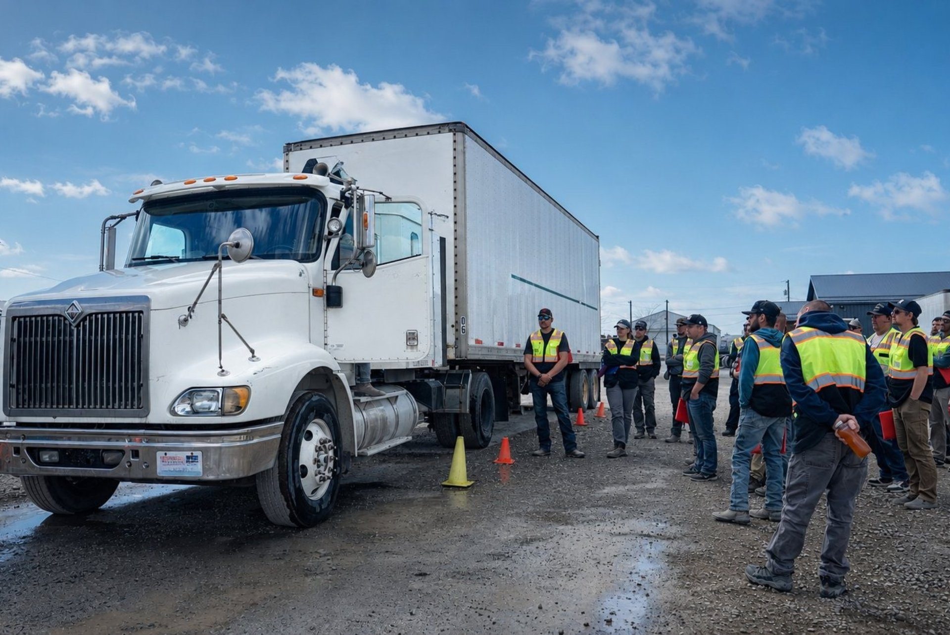 CDL students in safety vests gather for a yard briefing beside a white training truck and cones