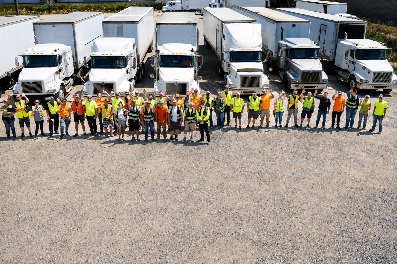 Aerial view of CDL students and instructors in safety vests standing in front of a fleet of training semi trucks