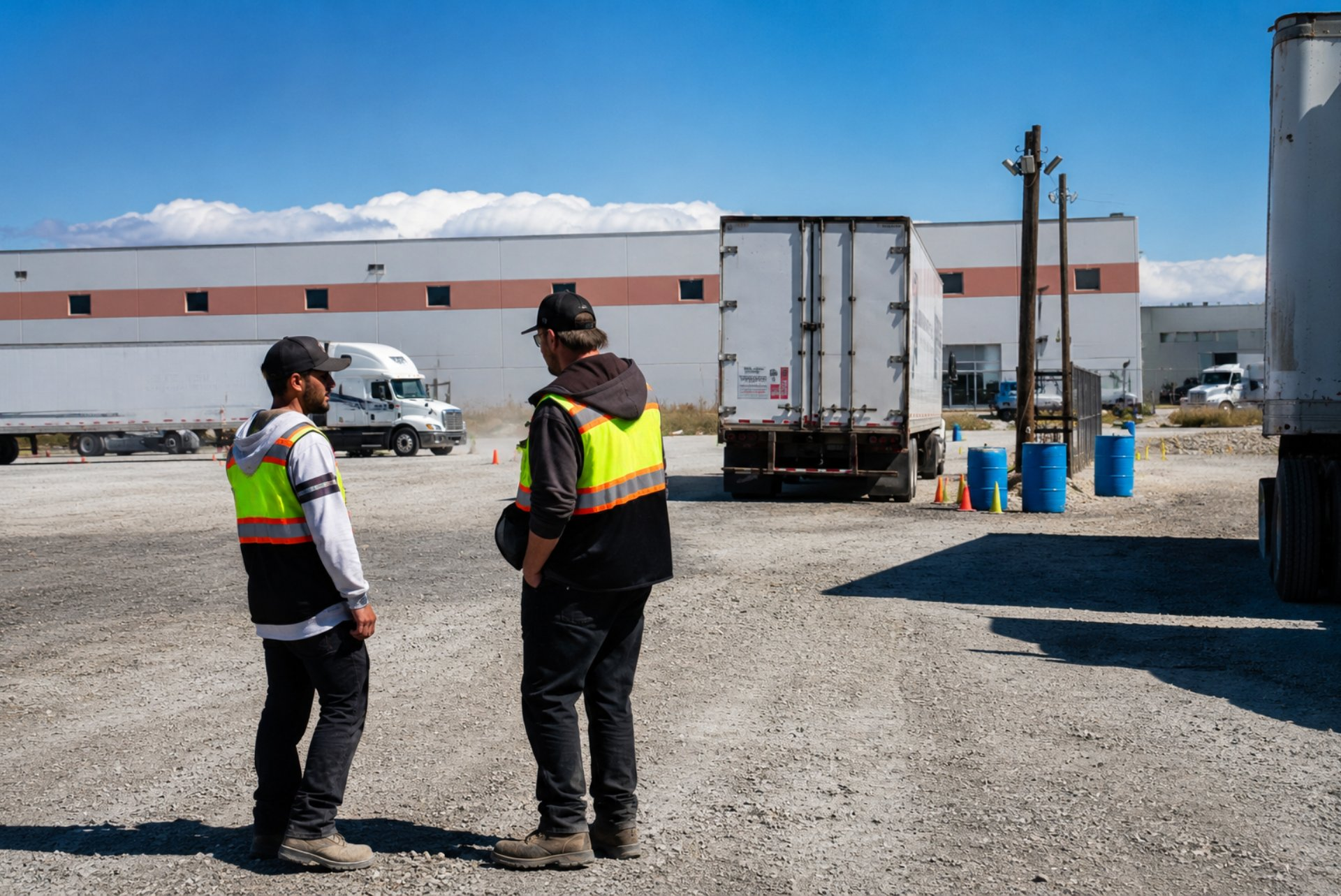 CDL students in safety vests gather for a yard briefing beside a white training truck and cones