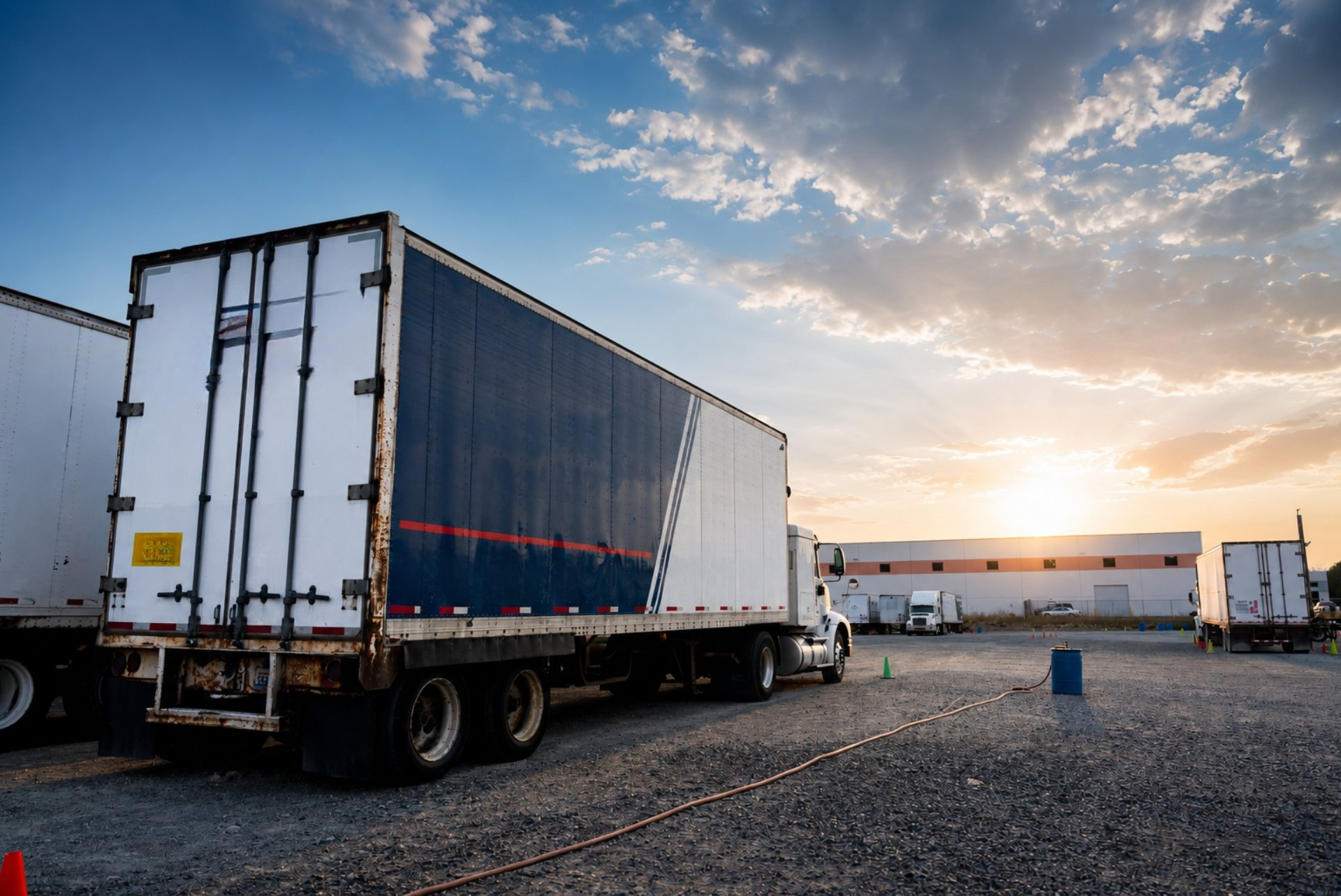 Close-up of a white CDL training truck cab at sunset with another truck behind