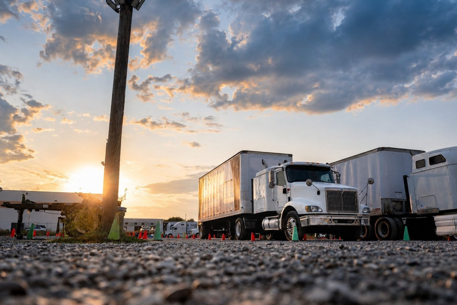 White CDL training truck on a cone course with sunrise behind a utility pole