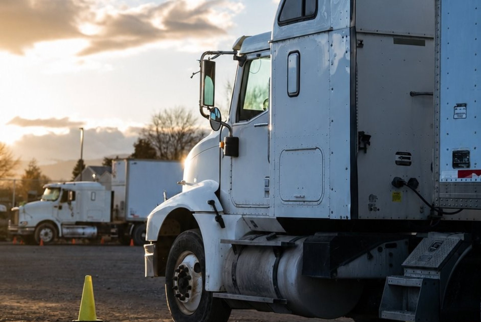 Close-up of a white CDL training truck cab at sunset with another truck behind
