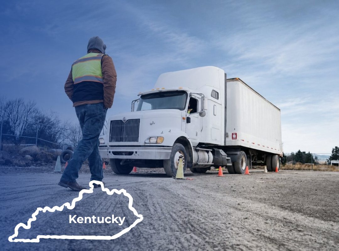 Man in orange vest directing a semi-truck, with an outline of Kentucky overlaid.