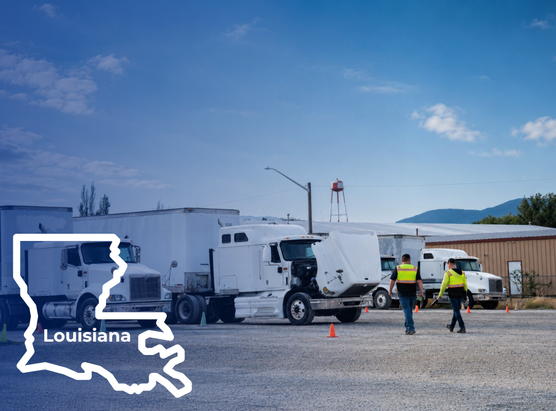 Man in orange vest directing a semi-truck, with an outline of Louisiana overlaid.