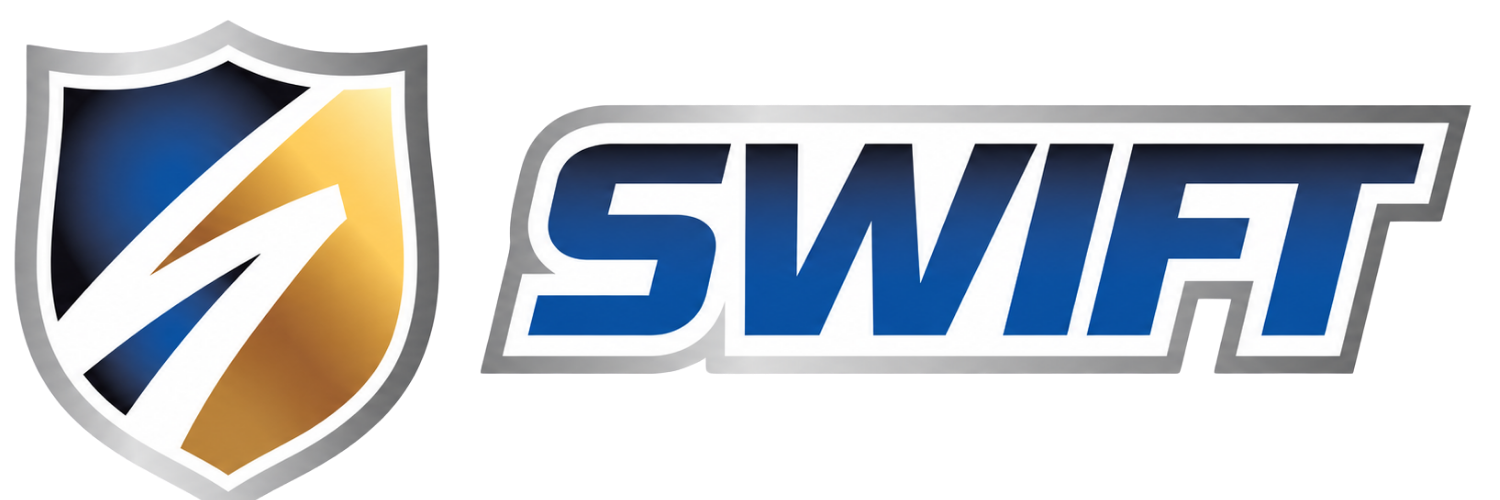 SWIFT logo with blue and white text next to a shield icon with gold and blue diagonal stripes