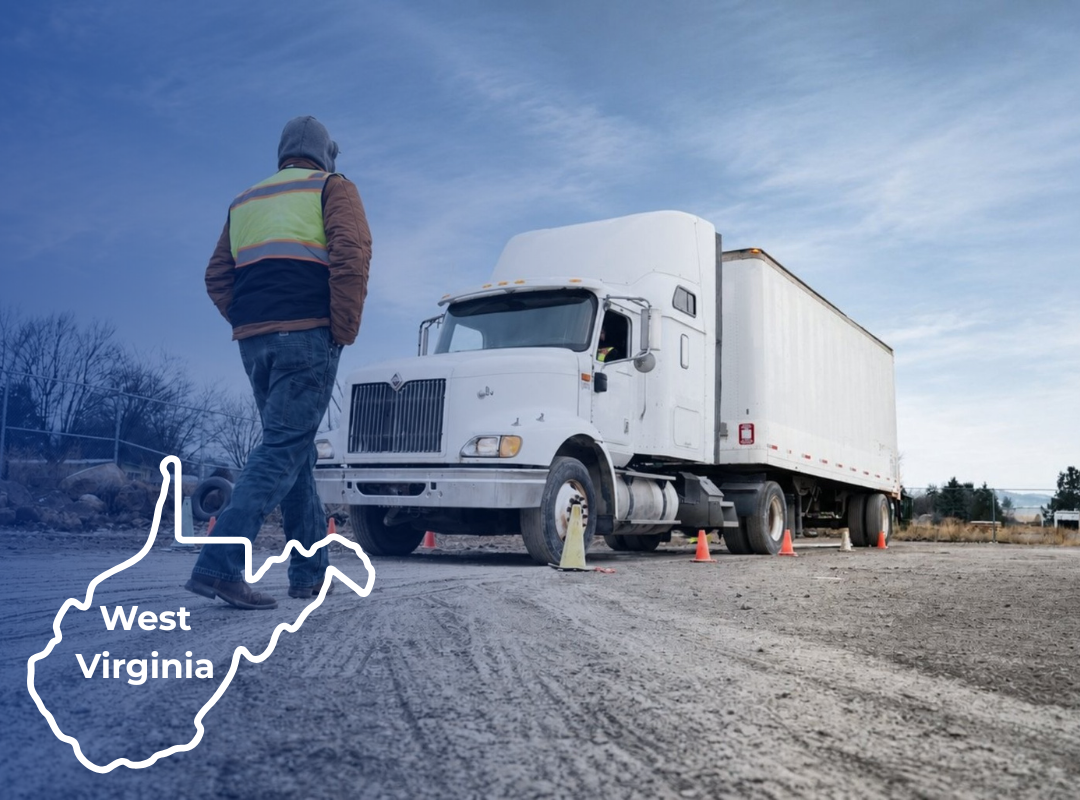 Man in orange vest directing a semi-truck, with an outline of West Virginia overlaid.