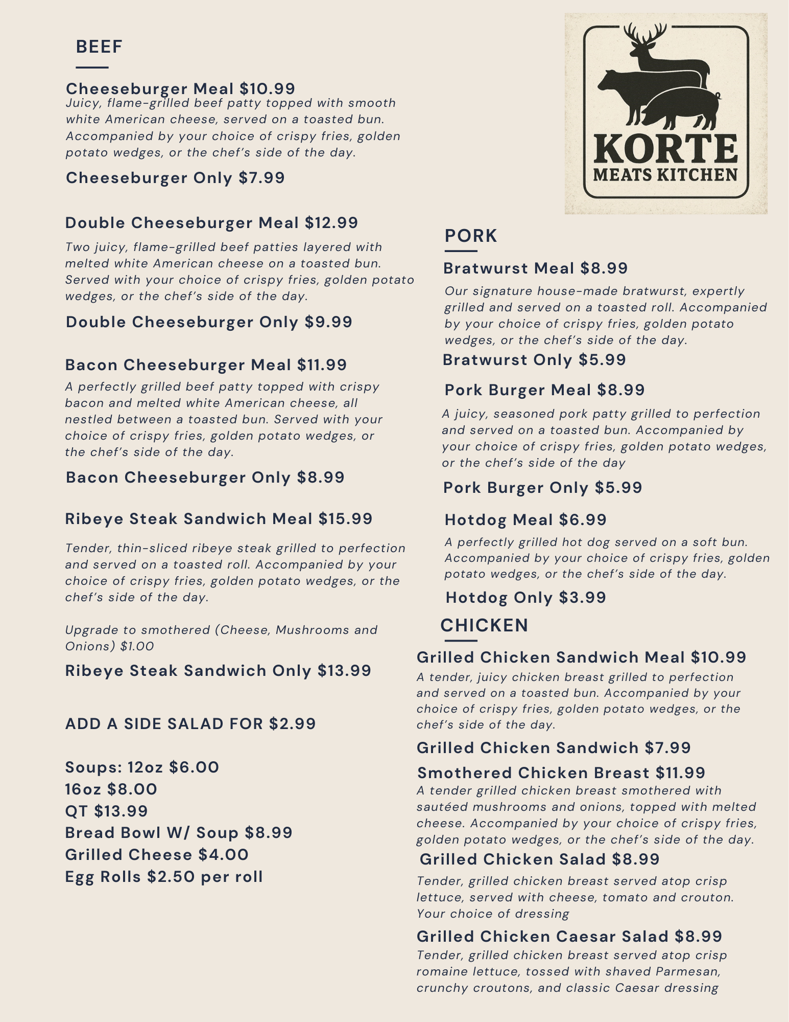 A menu for Korte Meat Kitchen listing beef, pork, and chicken items, along with sides and prices in a simple text format.