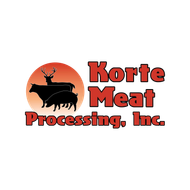 Logo for Korte Meat Processing, Inc. featuring silhouettes of a deer, cow, and pig over a red circle on a white background.