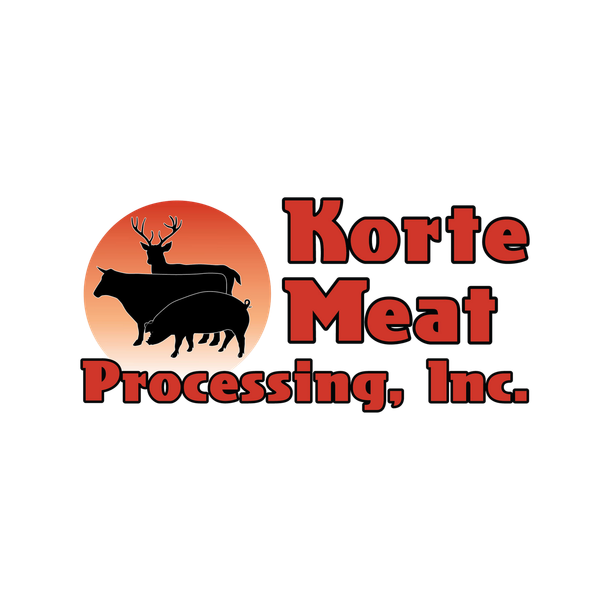 Logo for Korte Meat Processing, Inc. with silhouettes of a deer, cow, and pig on a red circle.