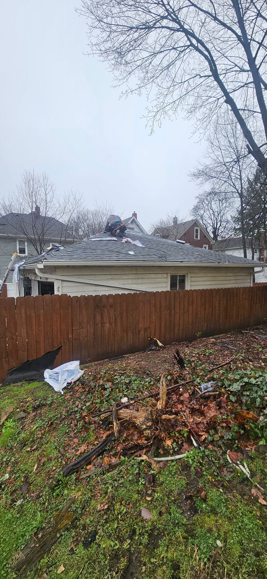 Backyard with a wooden fence, leaf-covered grass, bare trees, and a small house under a gray sky