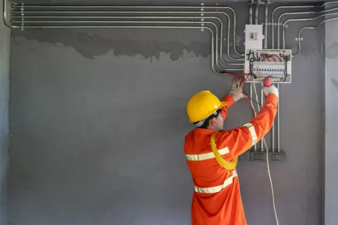 Electrician in orange safety gear wiring a wall-mounted panel.