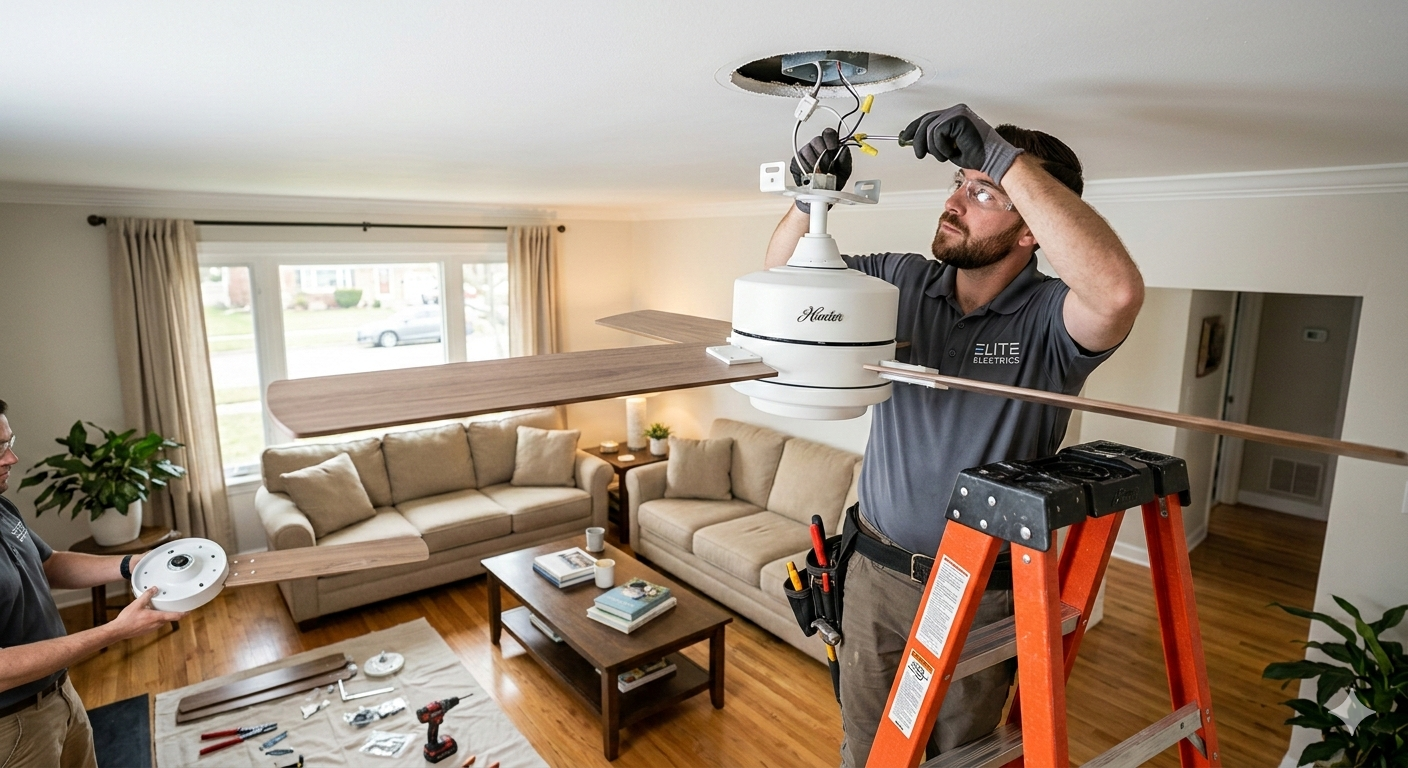 Professional technician installing a white ceiling fan in a home.
