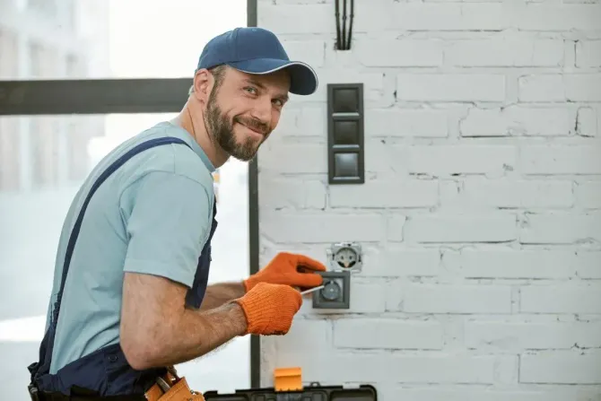 Smiling electrician installing a power outlet on a brick wall.