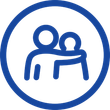 Blue circular icon of two people embracing, one supporting the other