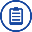 Blue clipboard icon inside a blue circle