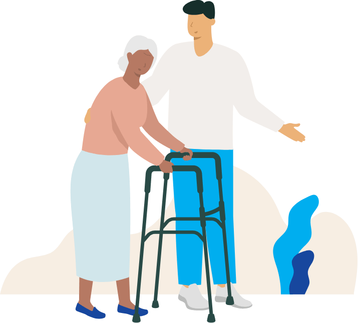 Person helping an older adult walk with a blue walker outdoors