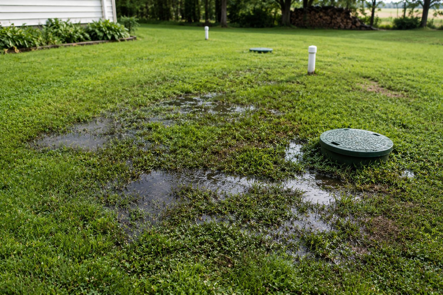 Waterlogged grassy yard with puddles and two white utility pipes near a house