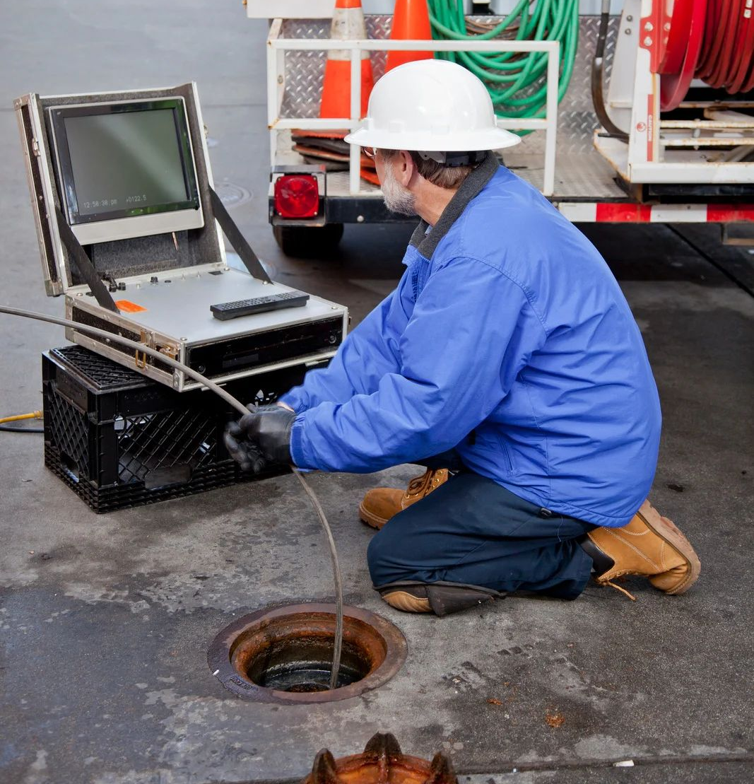 Worker in blue coveralls kneels by an open manhole, using a laptop beside a utility truck.