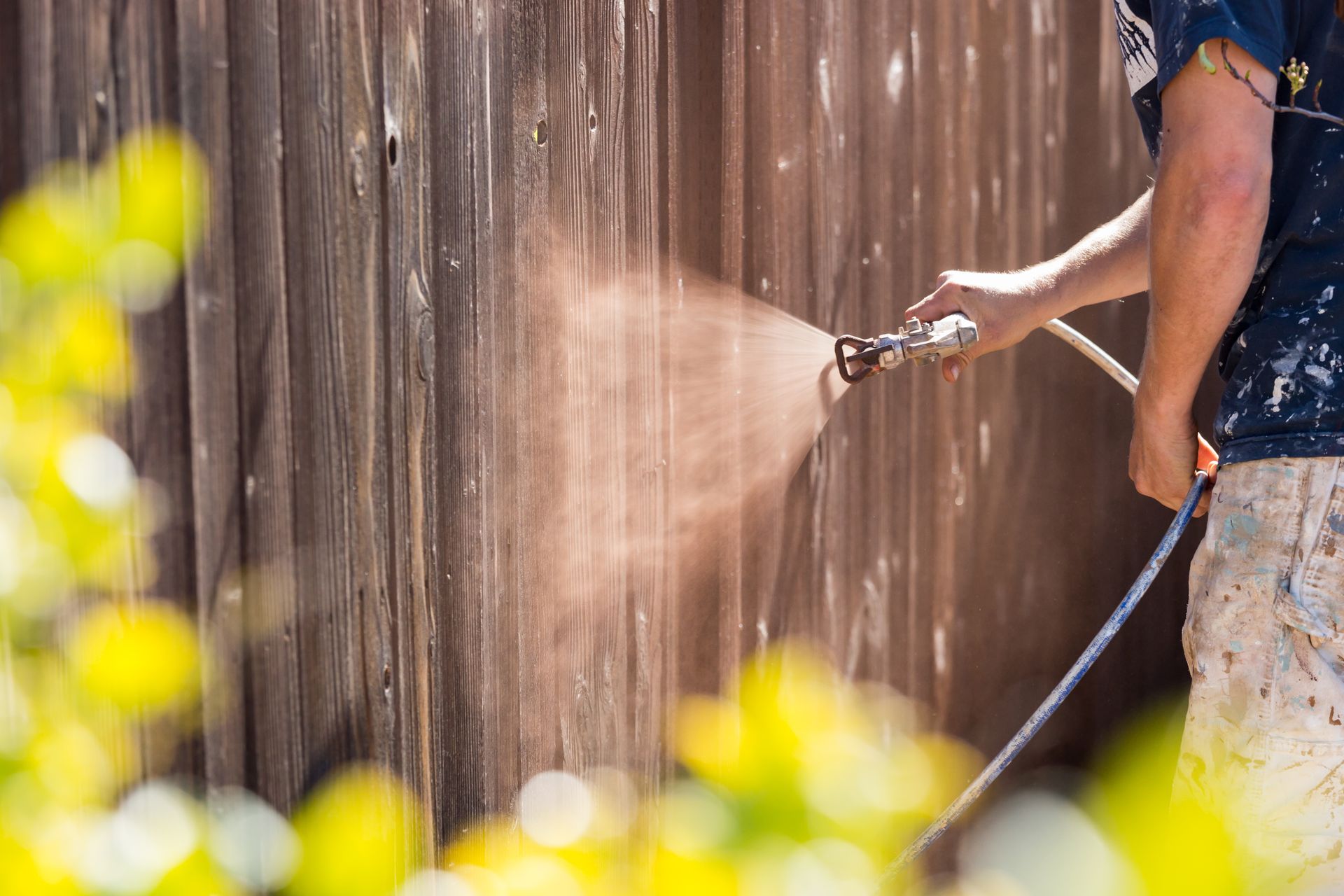 Person spraying water on a wooden fence in sunlight, with blurred yellow flowers in the foreground Person spraying water on a wooden fence in sunlight, with blurred yellow flowers in the foreground