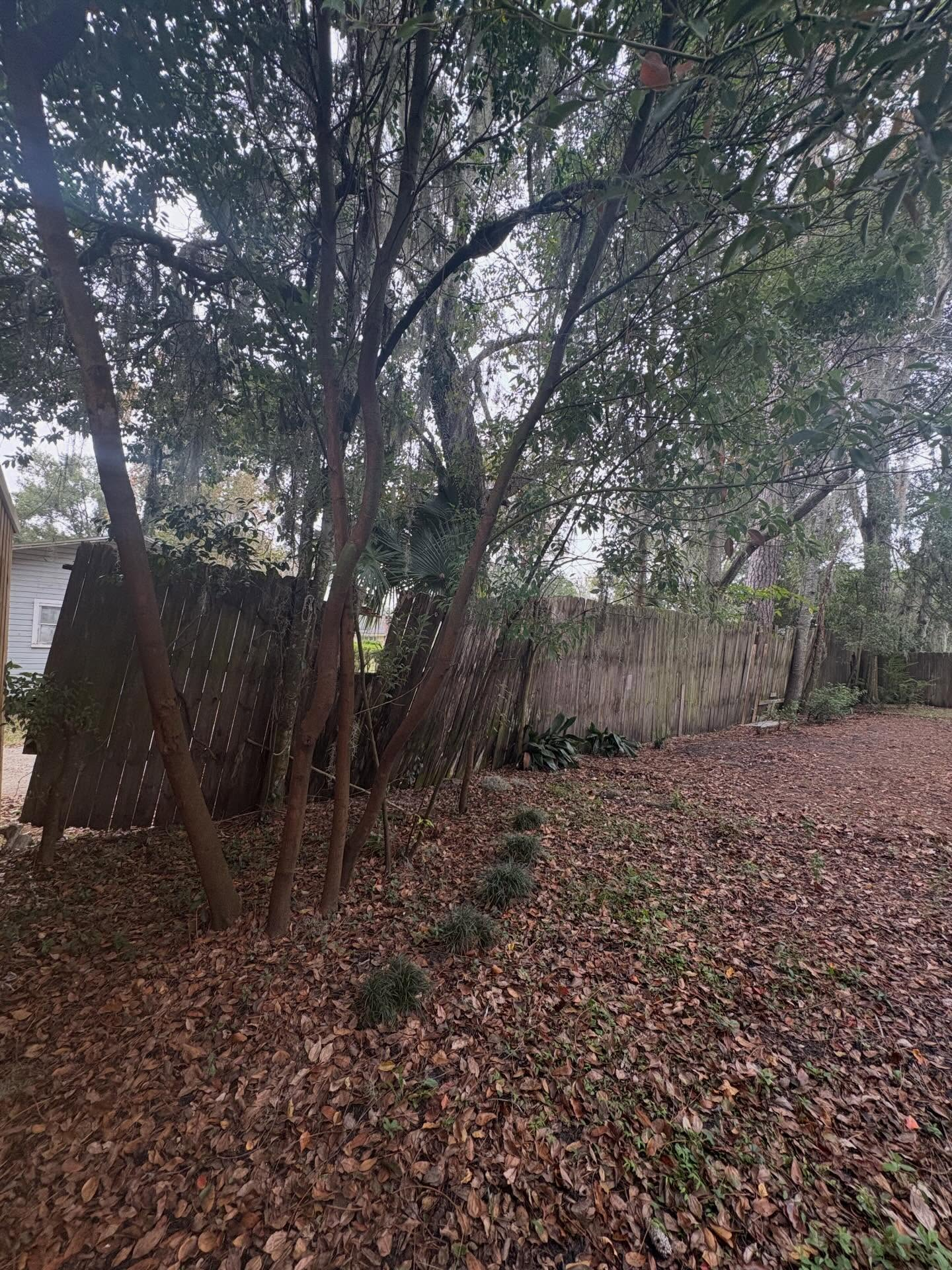 Long wooden privacy fence along a sidewalk under a partly cloudy sky