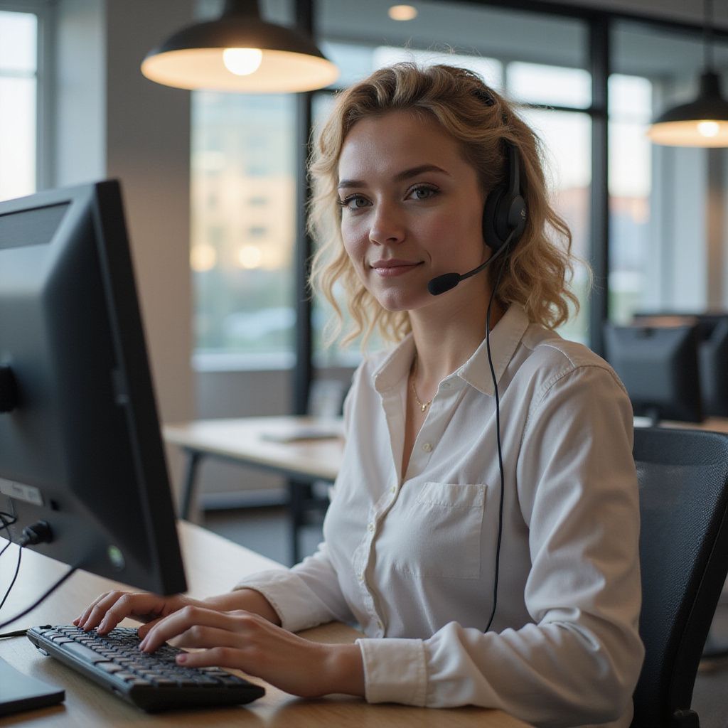 Woman with headset at a computer in an office, smiling while typing.