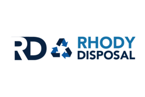 The logo for rhody disposal is blue and white