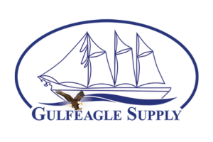 A logo for gulfeagle supply with a sailboat and an eagle
