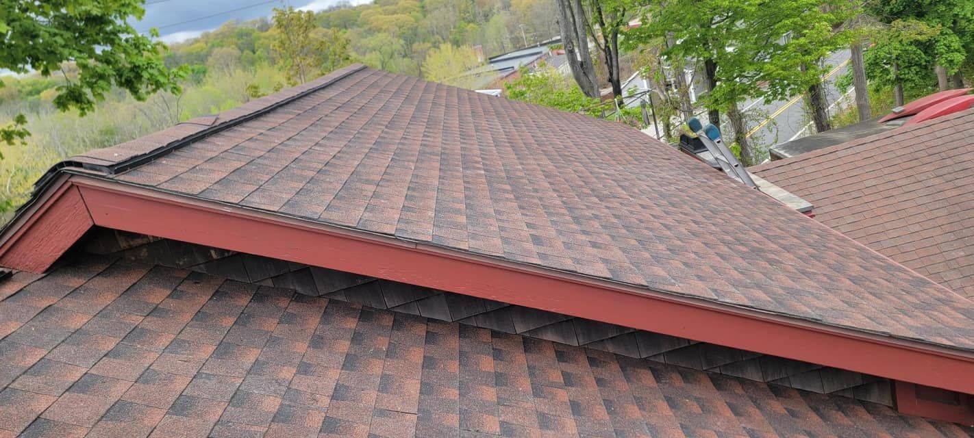 A close up of a roof with a red trim and trees in the background.