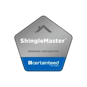 A shinglemaster roofing contractor badge on a white background