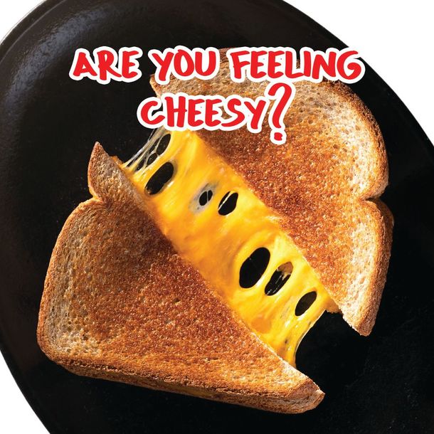 Two toasted bread halves with melted cheese and text “Are you feeling cheesy?”