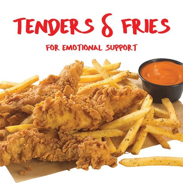 Tenders and fries with orange dipping sauce and the text “for emotional support”