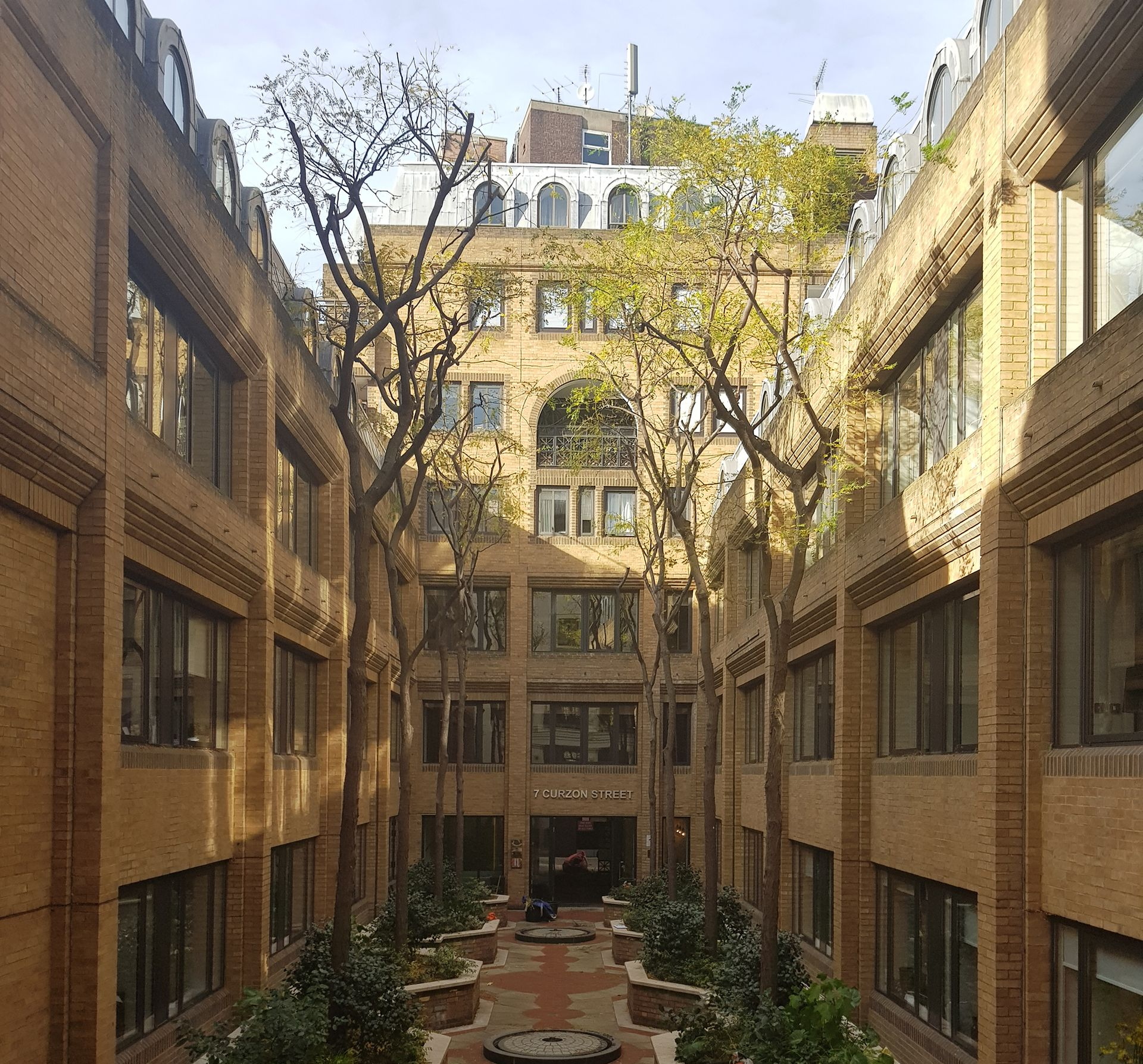 Courtyard with recently planted Honey Lotus trees in offices in Curzon Street, London W1, brick walkways, and a building facade with windows.