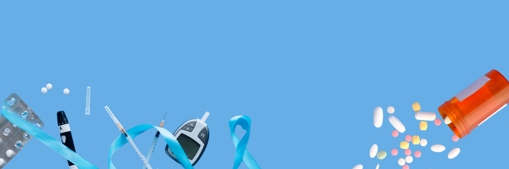 Objects, including pills and a stethoscope, float against a blue background
