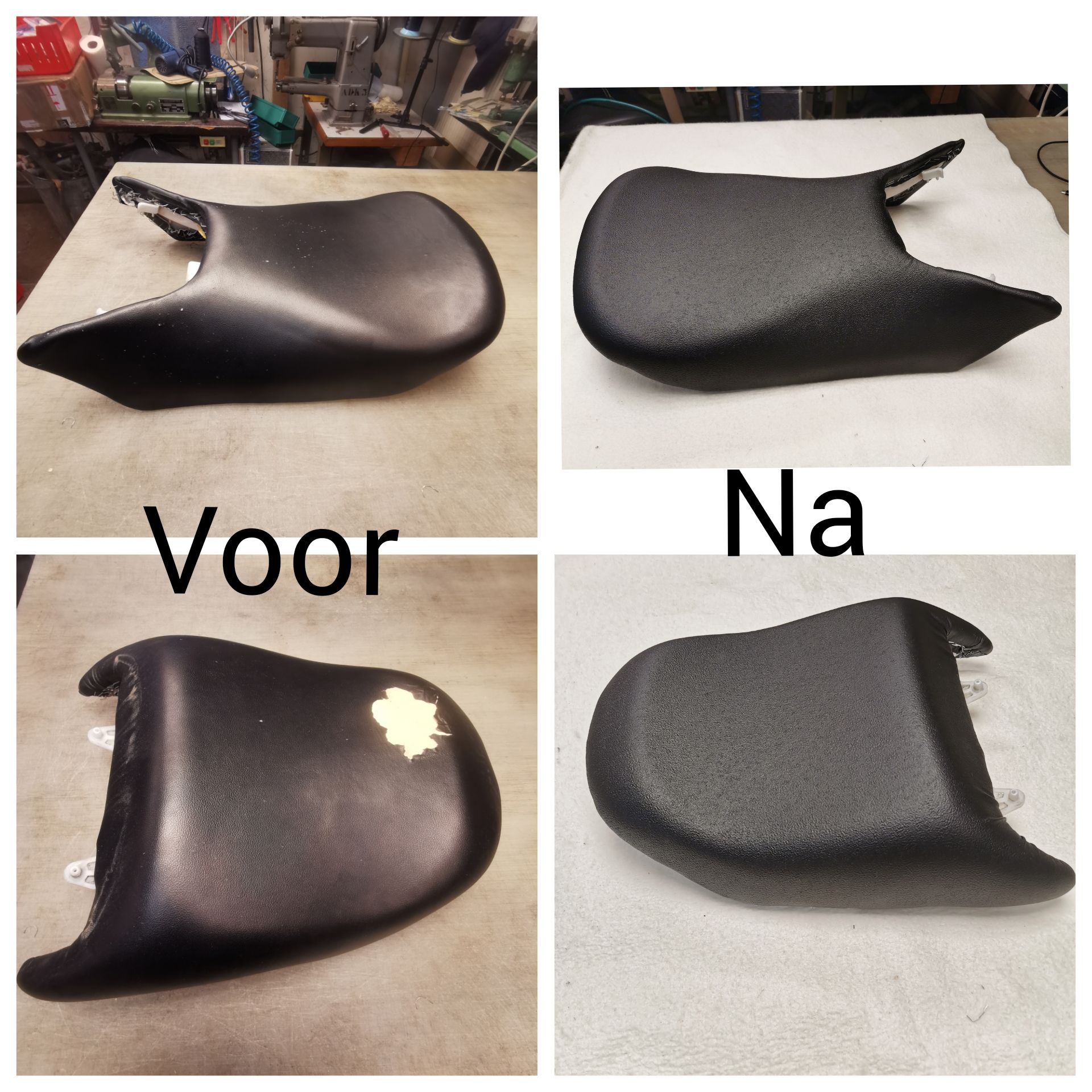 Vergelijking van een motorzadel voor en na reparatie. Zwart lederen zadel.