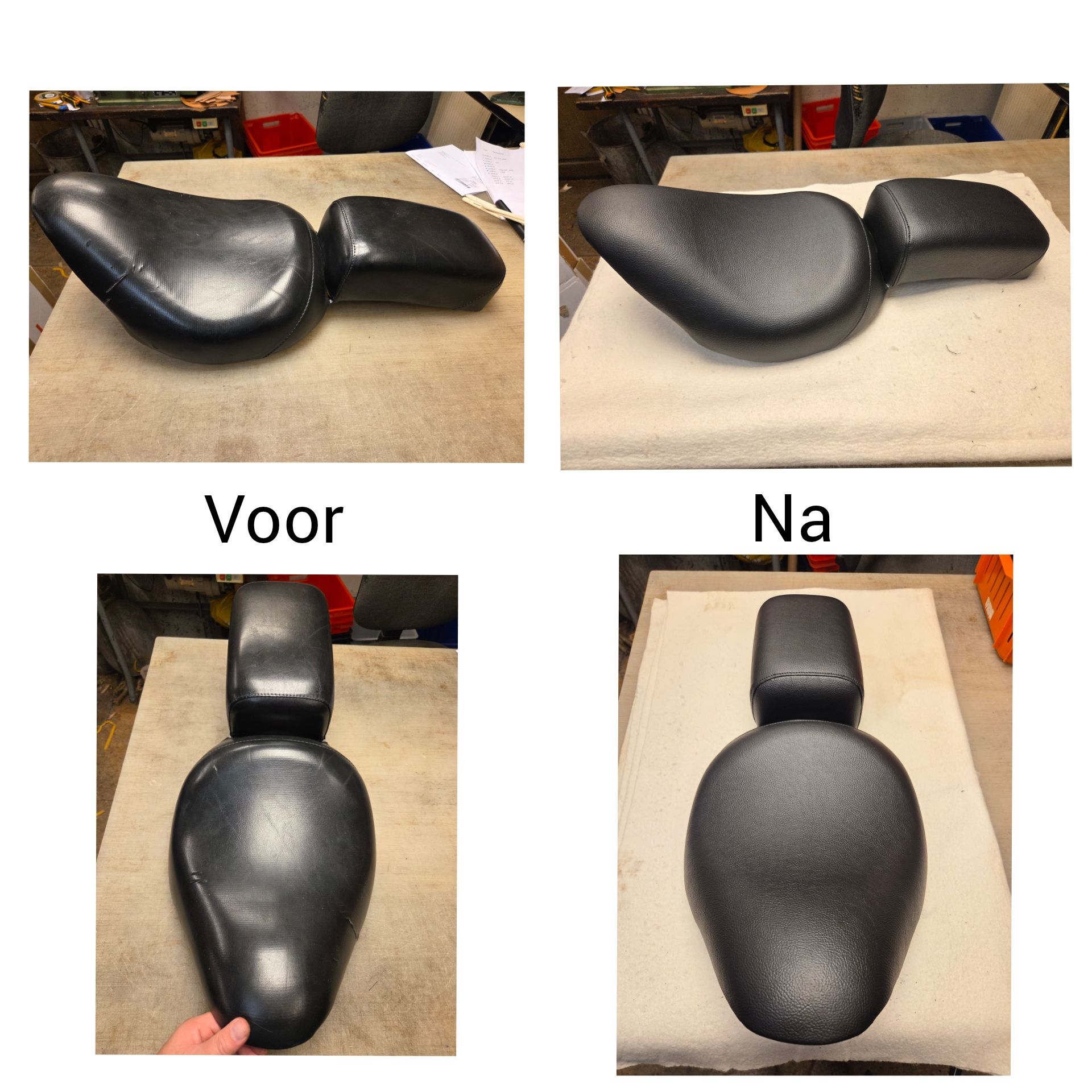 Zwart motorzadel voor en na de aanpassing.