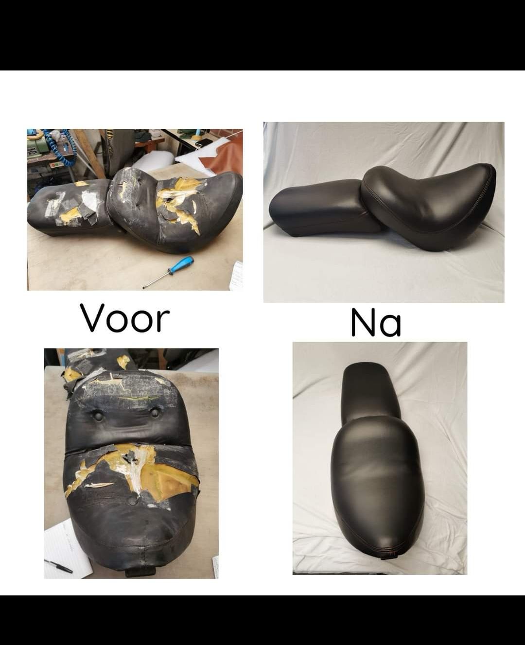 Voor- en nafoto's van motorzadels. Beschadigde, versleten zadels in contrast met nieuw beklede zwarte zadels.
