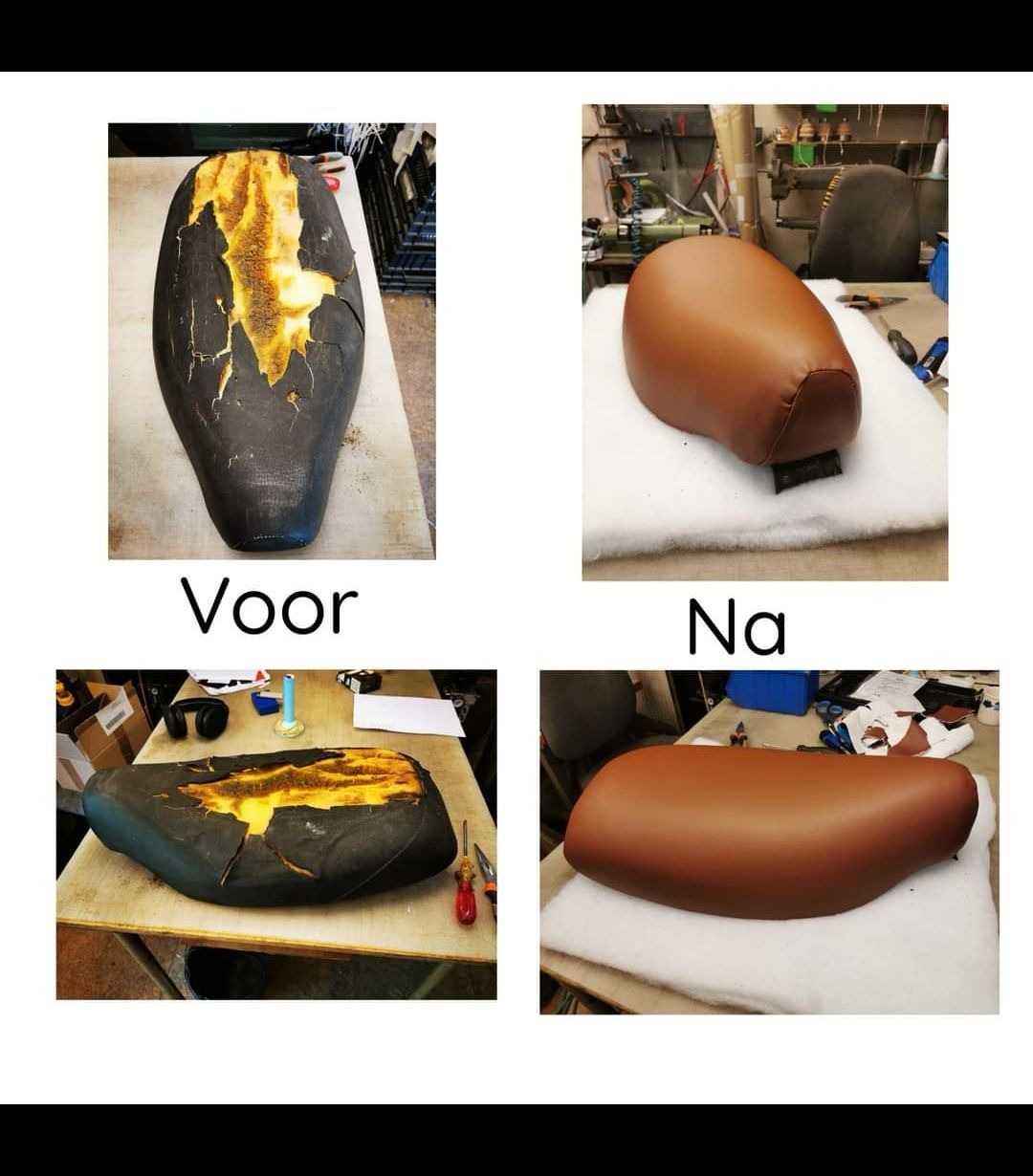 Motorzadel voor en na restauratie: het gescheurde zwarte zadel is vervangen door een glad bruin exemplaar.
