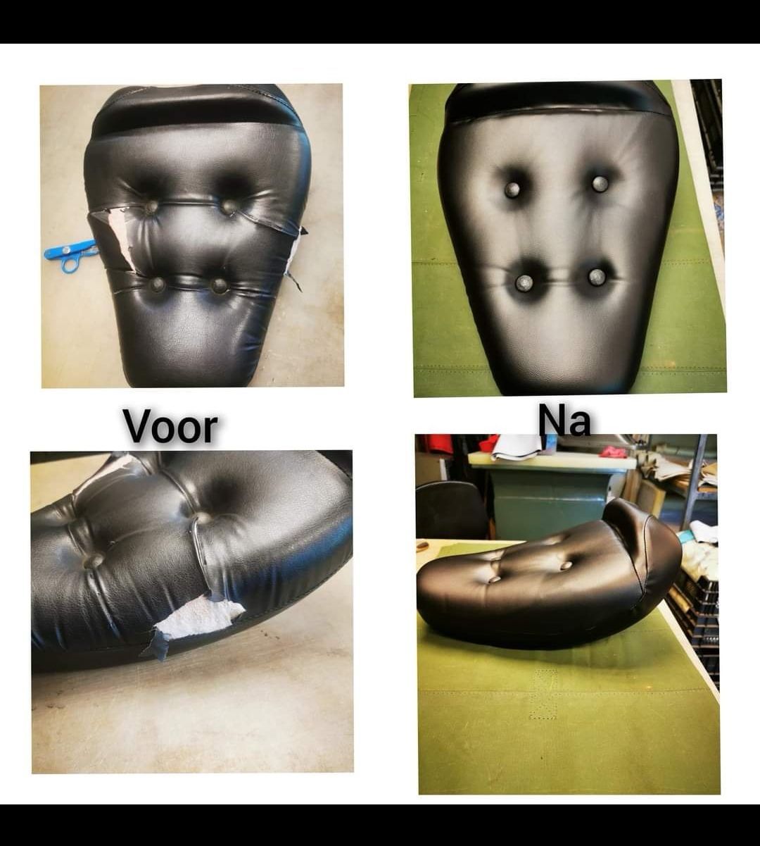 Reparatie van een motorzadel: voor en na. Zwart leren zadel met een gescheurd gedeelte gerepareerd.