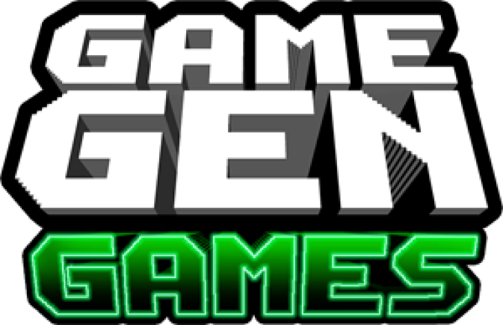 Logo for Game Gen Games, green and white text with black outline, blocky font style.