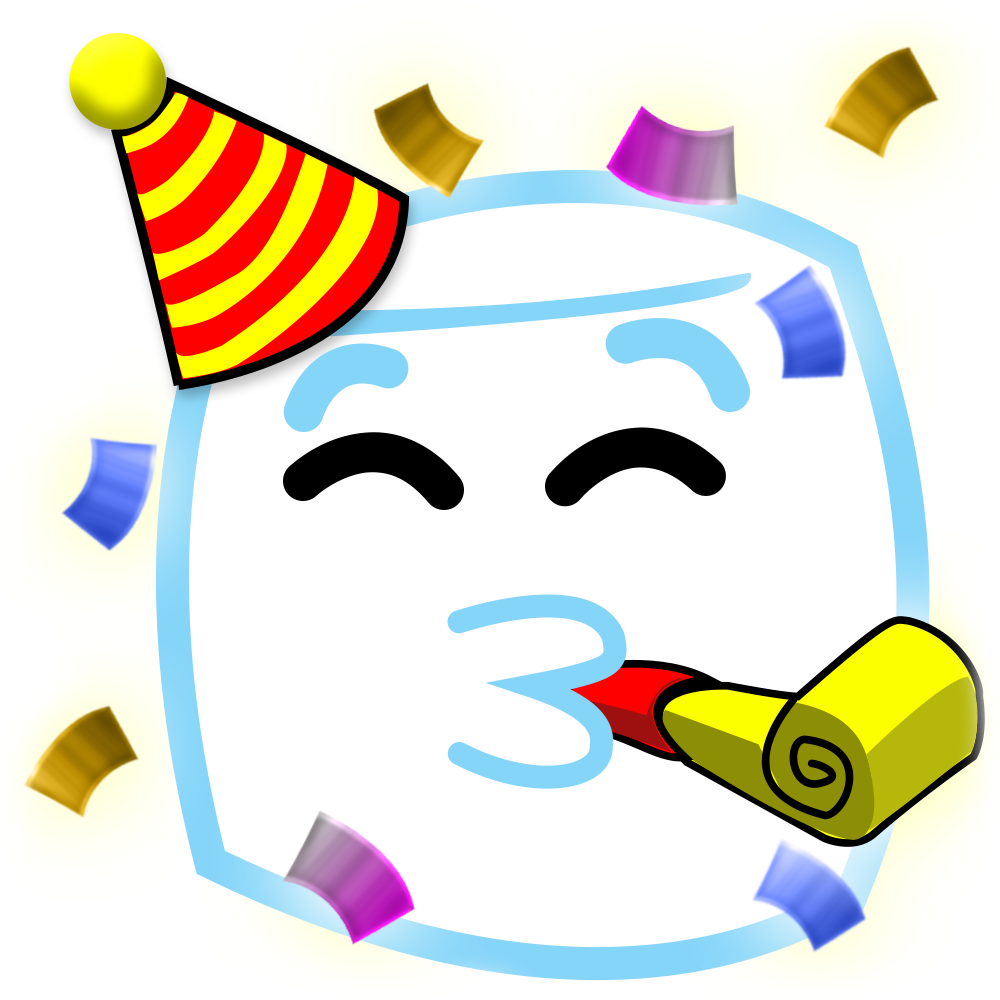 A square-shaped cartoon character wearing a party hat, blowing a party horn, and surrounded by confetti.