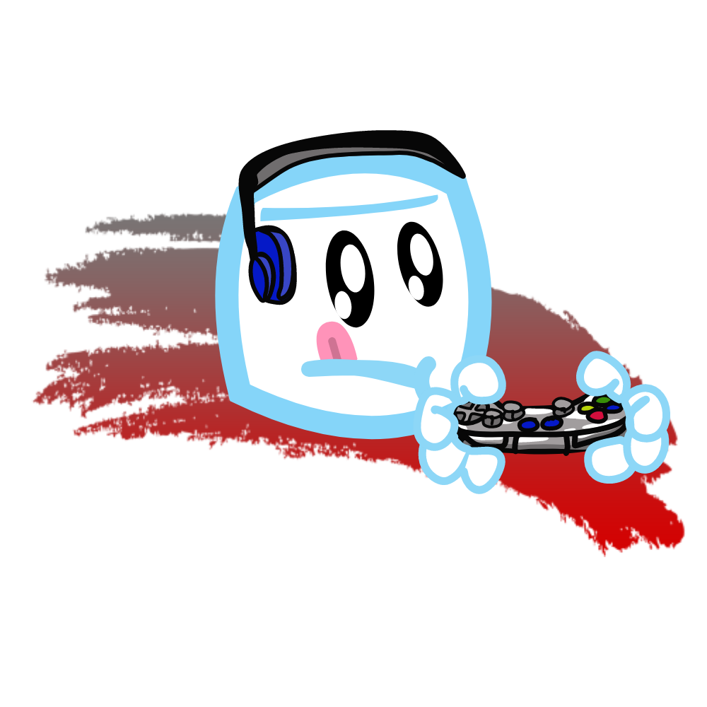 Cartoon marshmallow with headset, sticking out tongue, holding a game controller, with red and gray paint stroke background.
