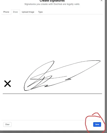 Screenshot of signature creation tool with signature, and 