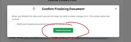 Confirmation modal. Green button with 