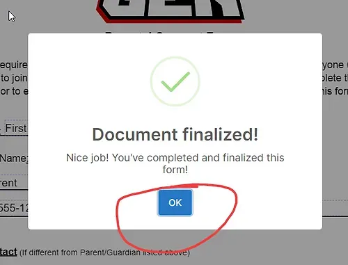 Pop-up notification: Document finalized, OK button is highlighted.