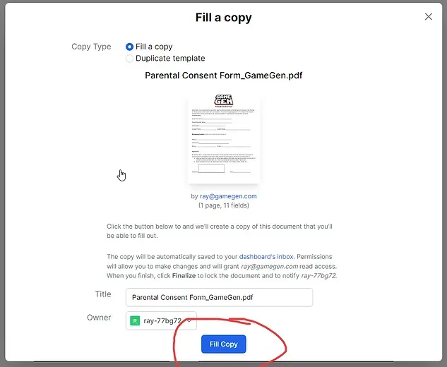 A dialogue box prompting to fill a copy of a PDF document, with a 